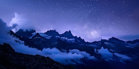 Majestic mountain landscape under the starry night sky, capturing the silhouettes of peaks and mist. Away from the city, bustling, nightlights, Christmas, relieve stress, vacation, moon, mid-autumn fe