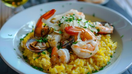 A seafood risotto dish with creamy Arborio rice, mixed seafood, saffron, and Parmesan cheese.