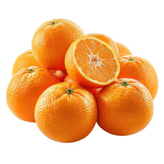 Fresh ripe oranges stacked together with one cut open showing juicy segments, isolated on white background.