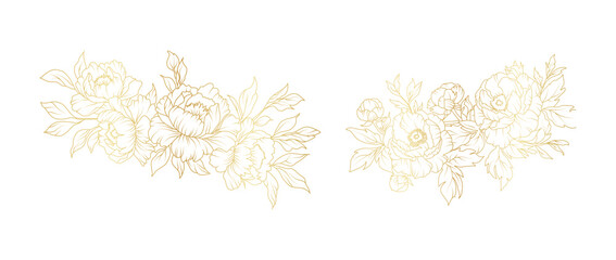 Golden peony flowers line art isolated on white background. Luxury floral design elements for invitation, wedding, wallpaper, print template, vector illustration © abcvector
