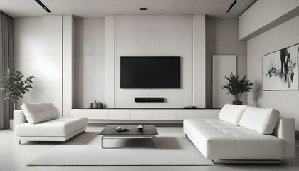 High end modern living room with white leather couch and a large flat screen tv mounted on the wall, brutalist architecture mixed with modern futuristic minimal design