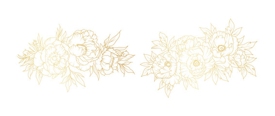 Golden peony flowers line art isolated on white background. Luxury floral design elements for invitation, wedding, wallpaper, print template, vector illustration