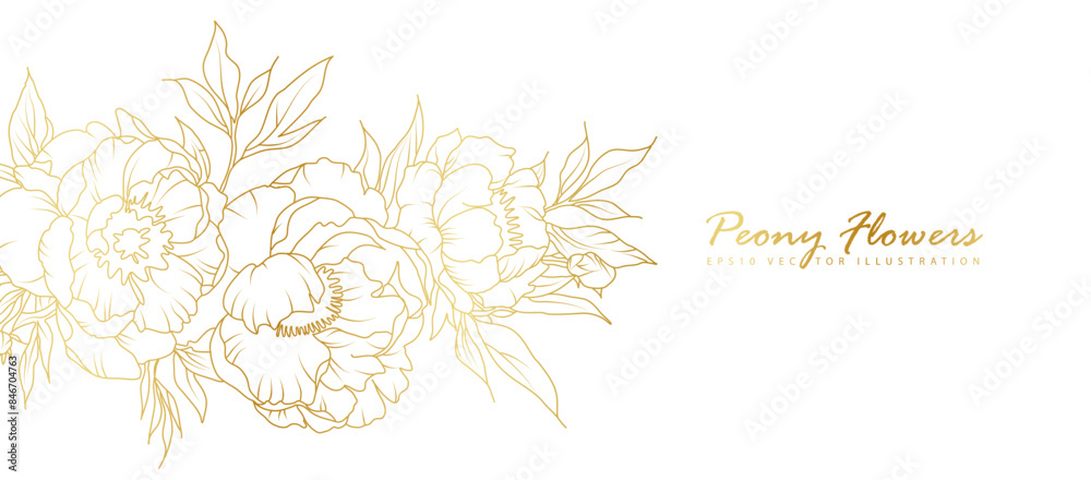 Wall mural Golden peony flowers line art isolated on white background. Luxury floral design elements for invitation, wedding, wallpaper, print template, vector illustration - Wall murals