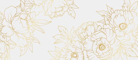 Luxury gold peony flowers background. Floral pattern tropical in line art style for greeting, invitation, wedding card, wall art, wallpaper and print. Vector illustration