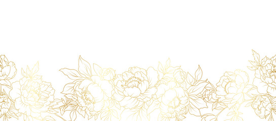 Peony flowers border gold frame. Luxury golden floral template, peonies vector gold line on white background, vector illustration © abcvector