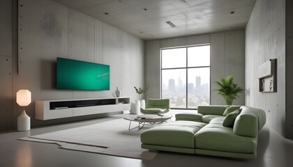 High end modern living room with white leather couch and a large flat screen tv mounted on the wall, brutalist architecture mixed with modern futuristic minimal design