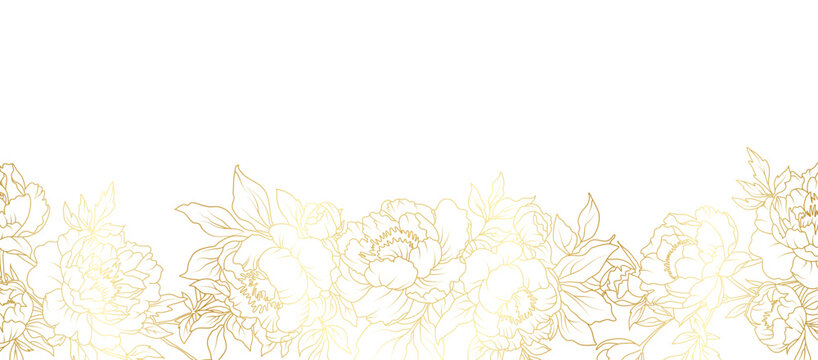 Peony flowers border gold frame. Luxury golden floral template, peonies vector gold line on white background, vector illustration