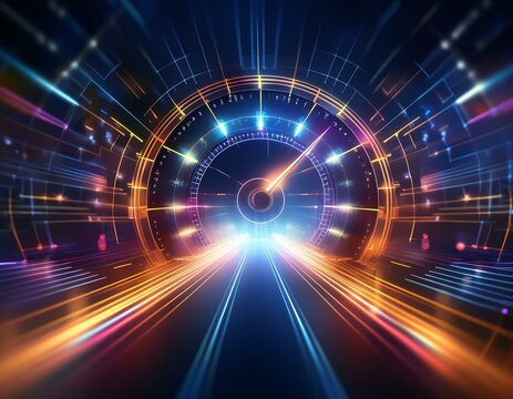 Speedometer hologram. Accelerometer projection.  3D, digital illustration, graphic design with blur for fast, speed, acceleration, velocity,  drift, accelerate. Race, racing, drifting wallpaper. 