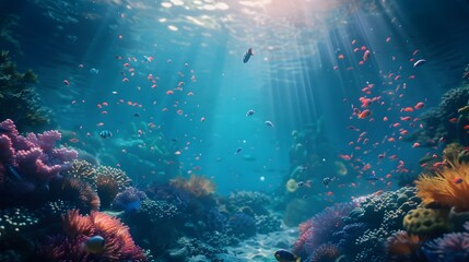 Fototapeta premium Beautiful underwater scenery with various types of fish and coral reefs Generative AI