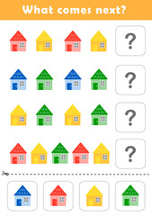 What comes next? Educational logic game for kids with cute houses illustration. Worksheet for children.	