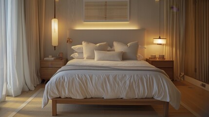 A serene bedroom with neutral tones, featuring a simple bed, sleek furniture, and soft lighting.