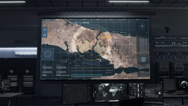 Military tracking scanner analyses the selected area on a map. Military tracking scan looking for enemy forces position. Military tracking scan identifies the location of the enemy in the desert zone.