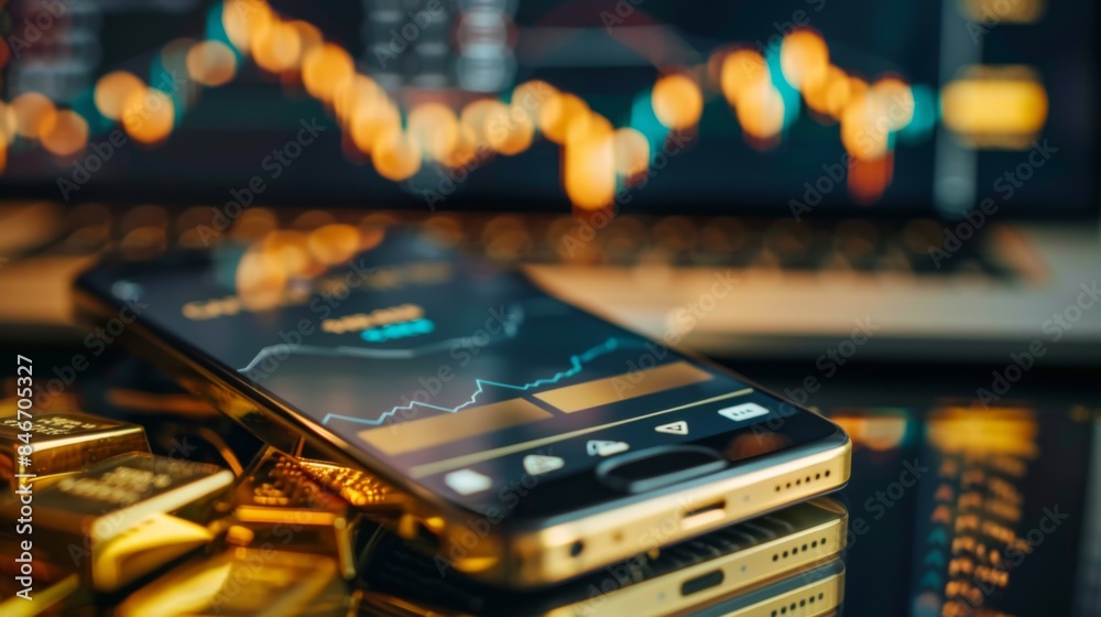 Poster A smartphone app displaying gold price data and market trends, with interactive charts and analysis tools.