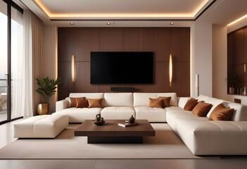 High end modern living room with white leather couch and a large flat screen tv mounted on the wall, brutalist architecture mixed with modern futuristic minimal design