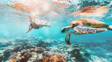 Obraz premium A snorkeler encountering a gentle sea turtle while exploring a tropical reef ecosystem.