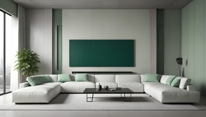 High end modern living room with white leather couch and a large flat screen tv mounted on the wall, brutalist architecture mixed with modern futuristic minimal design