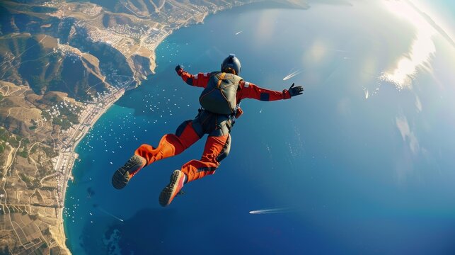 A man is jumping out of a plane over the ocean. The sky is blue and the water is calm