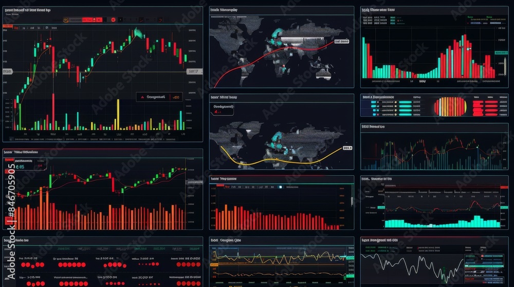Poster a stock market dashboard with multiple graphs and charts tracking indices, sectors, and individual s