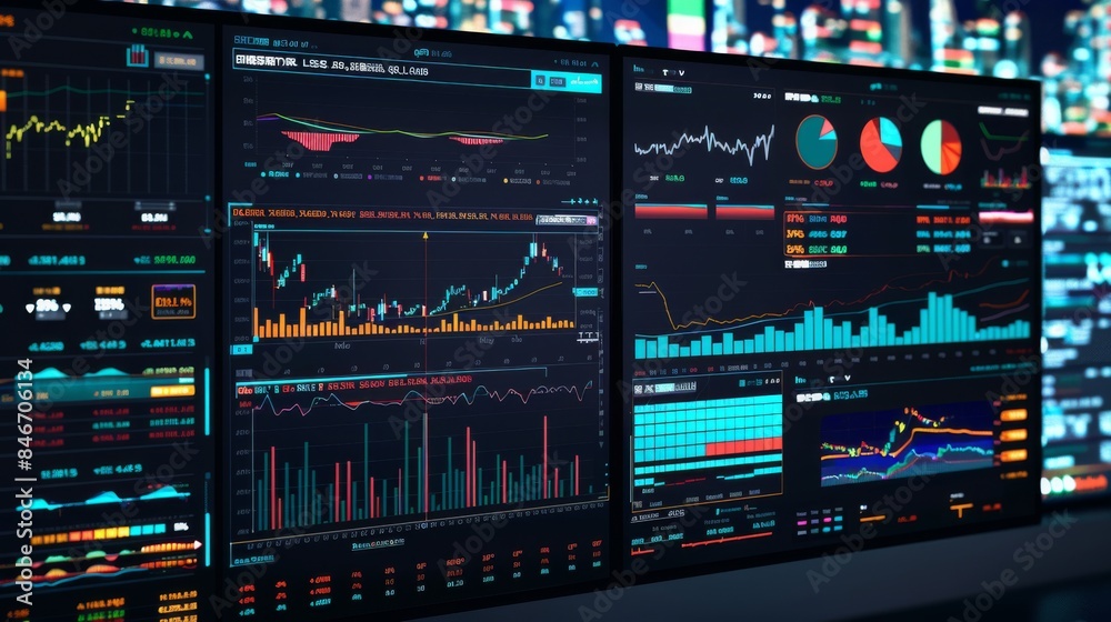 Aufkleber a stock market dashboard with multiple graphs and charts tracking indices, sectors, and individual s