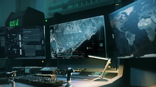 Using the modern surveillance spying software from the army control room. Controlling the surveillance spy system searching for target. Controlling surveillance spy tech ui locating the enemy vehicles