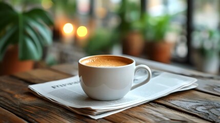 A white coffee cup sits on top of a newspaper