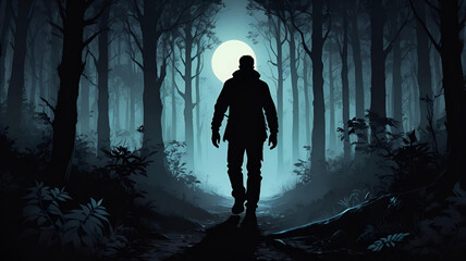 Obraz premium Silhouetted man walking in dark forest in night