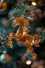 The clear glass unicorn like a New Year's toy, made of shiny plastic hanging on a real green Christmas tree