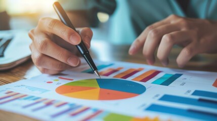 Businesswoman using a pen to annotate key data points on a printed pie chart graph.