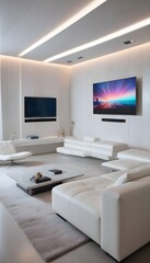 High end modern living room with white leather couch and a large flat screen tv mounted on the wall, brutalist architecture mixed with modern futuristic minimal design