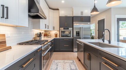 A modern kitchen with white and dark cabinets, a large island with a sink and seating, and stainless steel appliances.