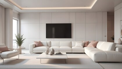 High end modern living room with white leather couch and a large flat screen tv mounted on the wall, brutalist architecture mixed with modern futuristic minimal design
