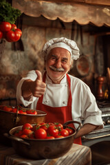 Italian chef smiling and giving thumbs up, with his kitchen apron on, in front of an old pot filled with tomatoes