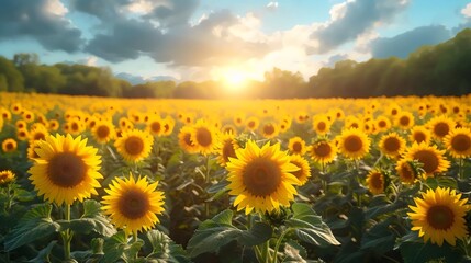 A field of yellow sunflowers with a bright sun in the sky