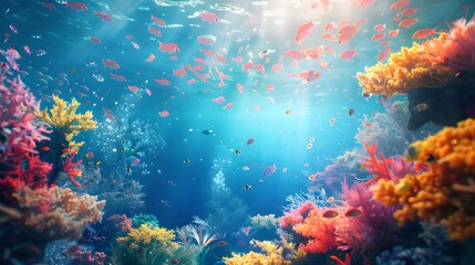 Obraz premium Beautiful underwater scenery with various types of fish and coral reefs Generative AI