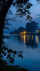 Fototapeta premium Serene lake landscape under the moonlight, capturing the details of the water surface and surrounding environment. Away from the city, old, historical, nightlights, Christmas, relieve stress, vacation
