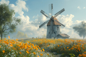 Windmill turning in a breezy countryside