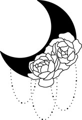 Moon with peonies, line minimalistic boho art 