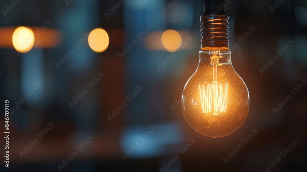 Poster close-up of a glowing led light bulb illuminating a dark room, showcasing energy-efficient lighting.