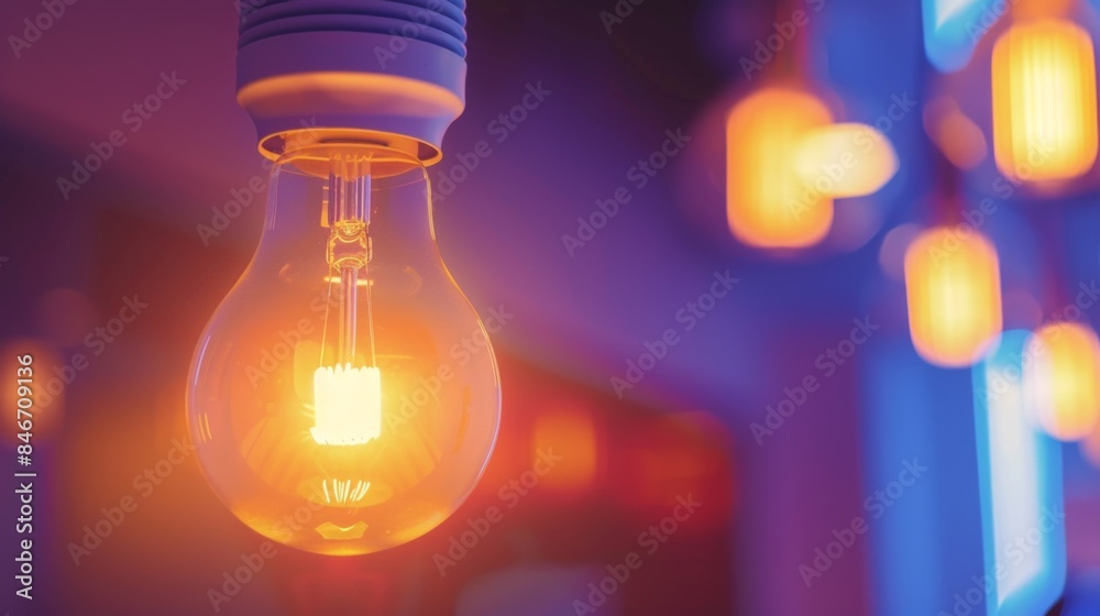 Poster close-up of a glowing led light bulb illuminating a dark room, showcasing energy-efficient lighting.