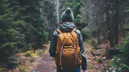 Fototapeta premium Young woman hiking in the rain. She is wearing a green jacket and a brown backpack. The forest is dense and green. The path is wet and muddy.