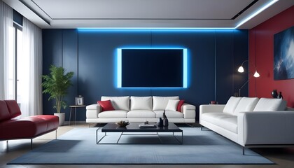 High end modern living room with white leather couch and a large flat screen tv mounted on the wall, brutalist architecture mixed with modern futuristic minimal design