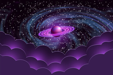Fototapeta premium Vector space futuristic poster. Purple Saturn against the backdrop of a starry sky and a spiral galaxy with stylistically glowing clouds. Abstract galaxy or universe