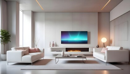 High end modern living room with white leather couch and a large flat screen tv mounted on the wall, brutalist architecture mixed with modern futuristic minimal design