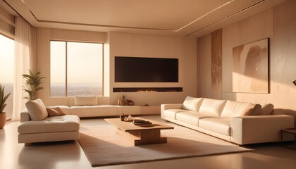 High end modern living room with white leather couch and a large flat screen tv mounted on the wall, brutalist architecture mixed with modern futuristic minimal design