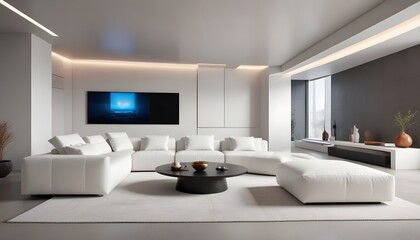 High end modern living room with white leather couch and a large flat screen tv mounted on the wall, brutalist architecture mixed with modern futuristic minimal design