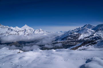 matterhorn at gornergrat rail way station view point is the most famous place to see matterhorn in Zermatt Switzerland snow beautiful sky 