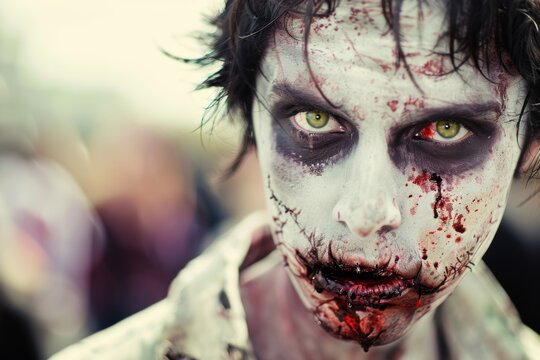 eerie zombie makeup on caucasian adult for halloween event