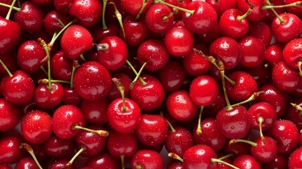 Fresh red cherries background with water droplets
