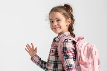 A young girl with long hair, wearing a school uniform and carrying a pink backpack, smiles brightly. Back to School. Copy space.