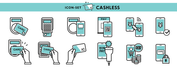  カードやスマホを使ったキャッシュレスの決済と様々な端末による支払いのアイコン・イラスト素材セット